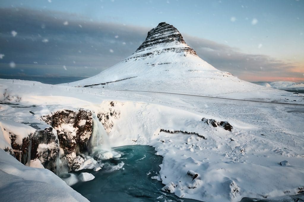 Kirkjufell in the snow during an Iceland winter
