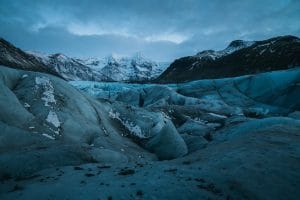 Svínafellsjökull during blue hour at the base of the glacier tongue