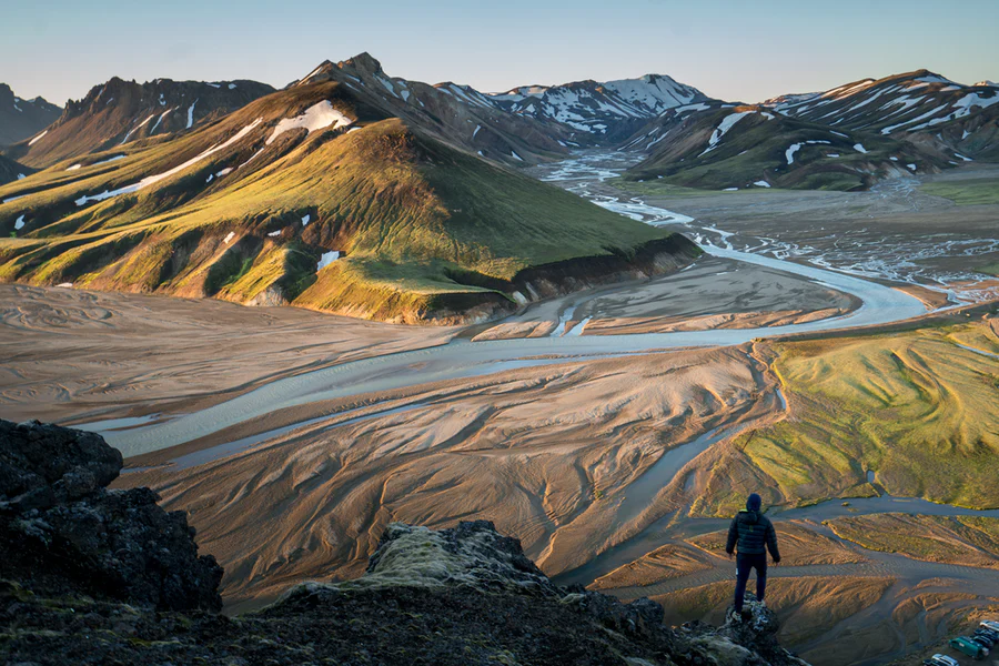 A view from the mountain ridge of Thorsmork in Iceland at sunrise