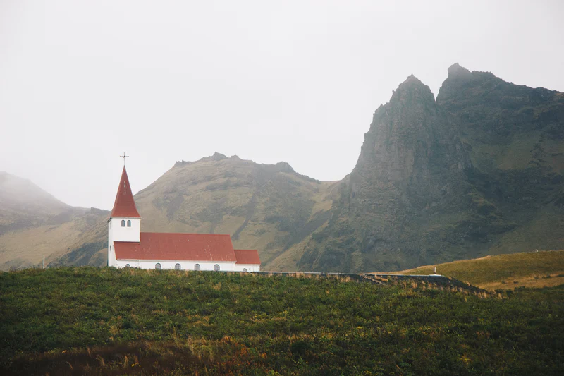 Vík church in south Iceland on an overcast day