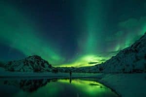 A person standing in the wild under the northern lights
