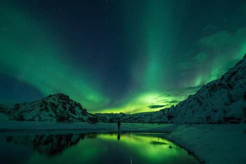 A person standing in the wild under the northern lights